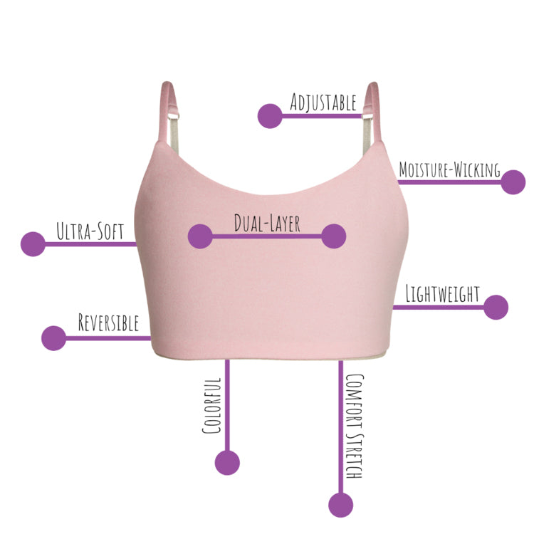 A pink bralette is shown with annotations highlighting its features: ultra-soft, reversible, colorful, dual-layer, adjustable, moisture-wicking, lightweight, and comfort stretch.