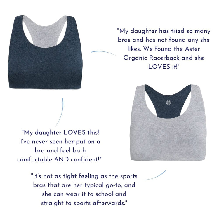 Side-by-side images of gray and dark blue racerback bras with customer reviews praising their comfort and fit.