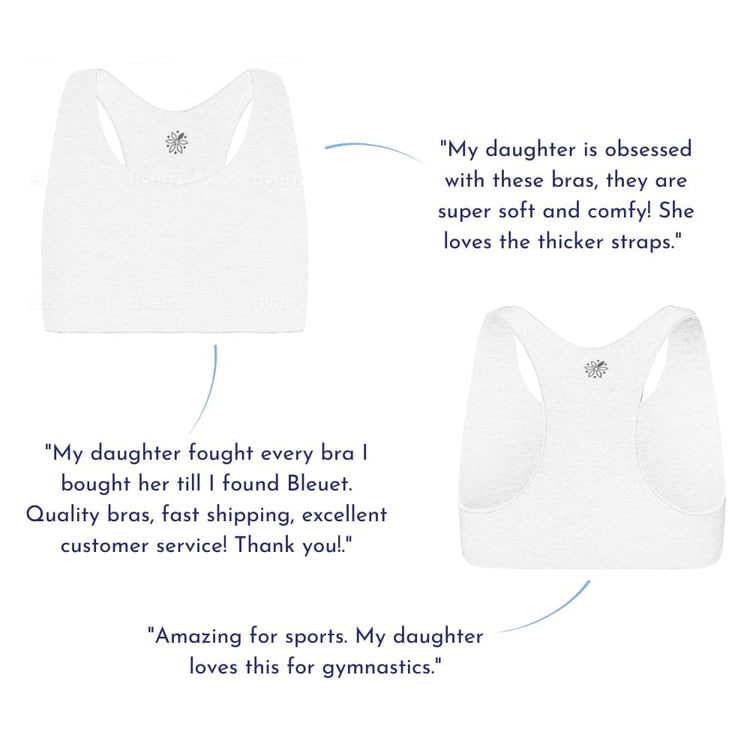Side-by-side images of white racerback bras with customer reviews praising their comfort and fit.