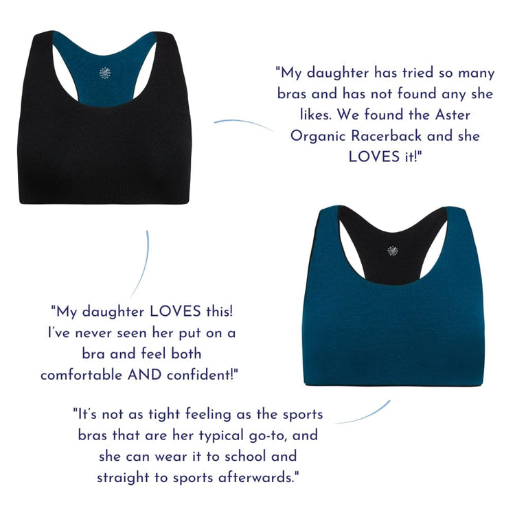 Side-by-side images of black and blue racerback bras with customer reviews praising the comfort and fit of the bras.