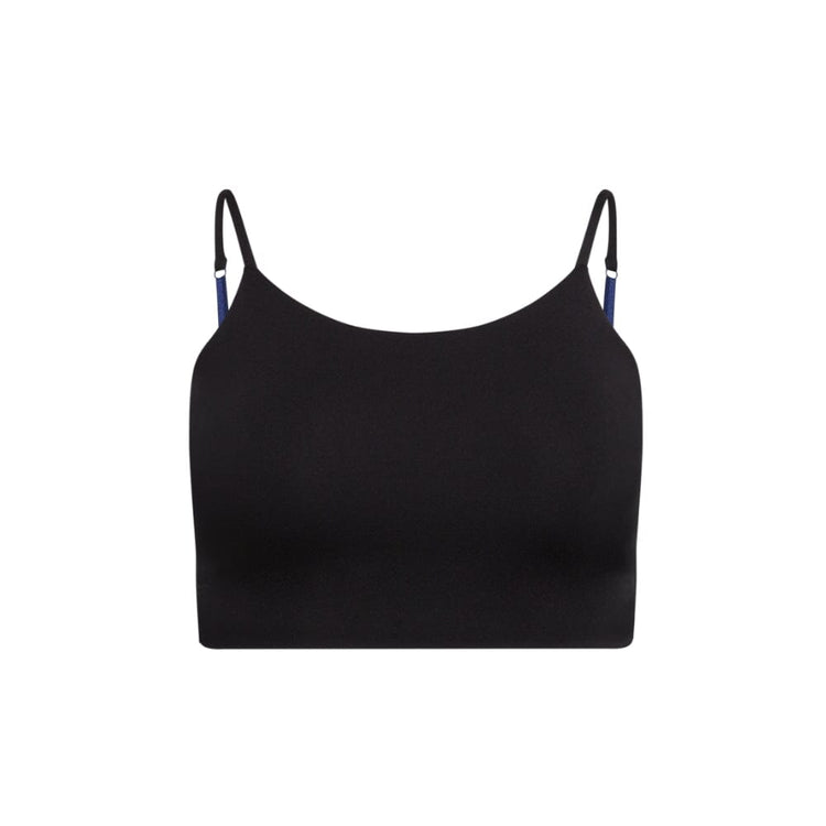 Front view of a plain black crop top with blue adjustable straps.