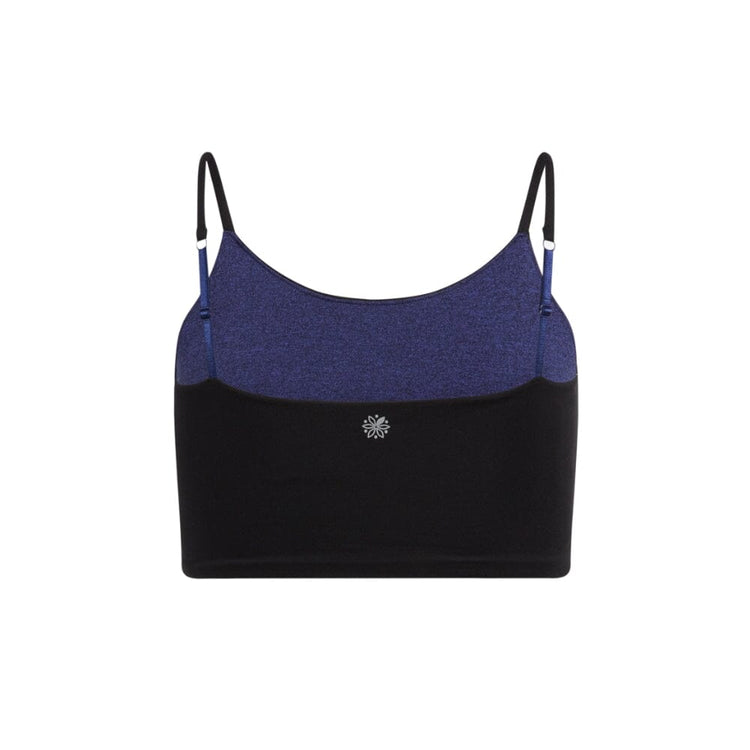 Violet and black crop top with blue adjustable straps and a small logo in the center. Back view.