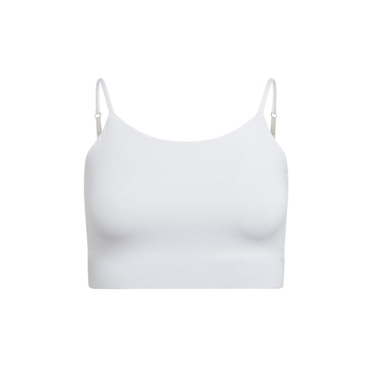 Front view of a plain white crop top with adjustable white straps.