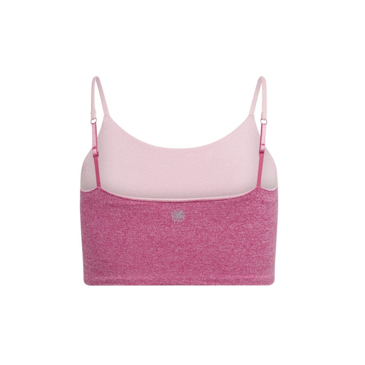 A pink cami bra with adjustable straps, viewed from the back.