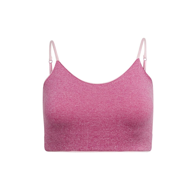 A pink cami bra with adjustable straps, viewed from the front.