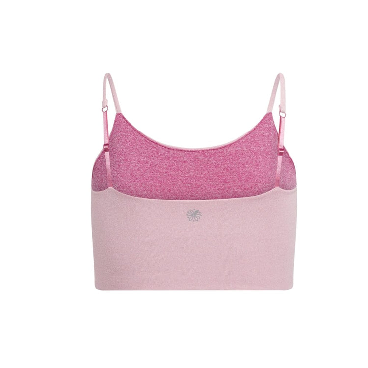 A pink cami bra with adjustable straps and a darker pink inner layer, viewed from the back.