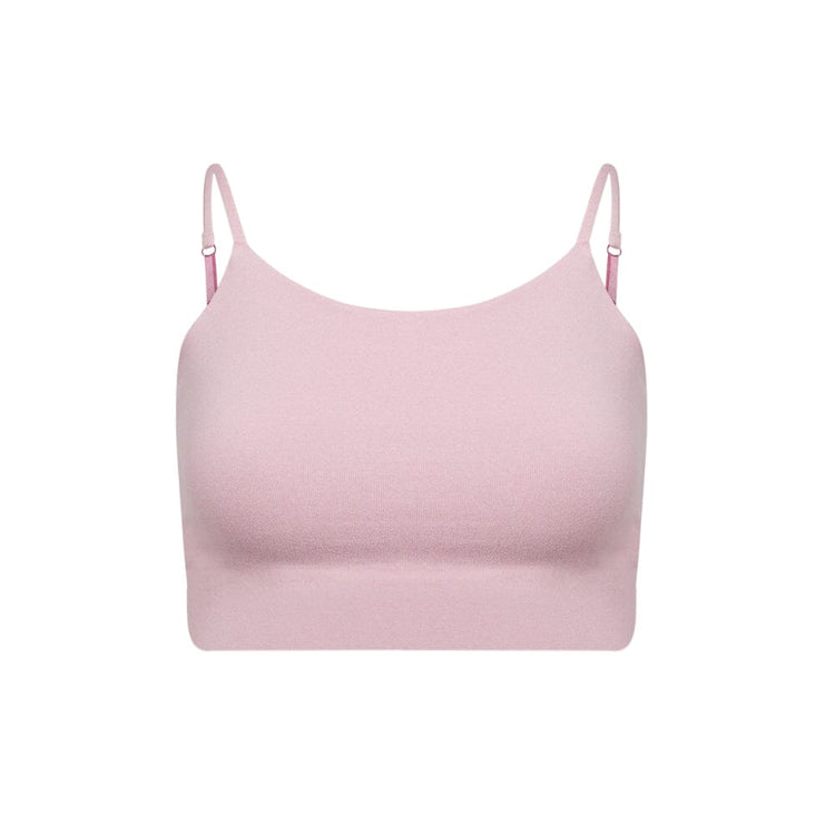 A pink cami bra with adjustable straps, viewed from the front.