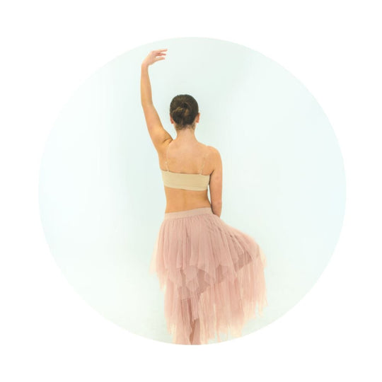 Clear#Chloe Strapless Bra Clear Straps from back in dance pose