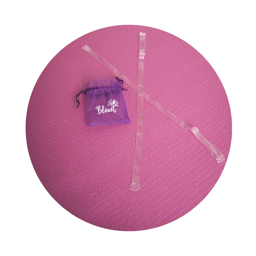 Clear#Chloe Strapless Bra Clear Straps in mesh bag on pink background