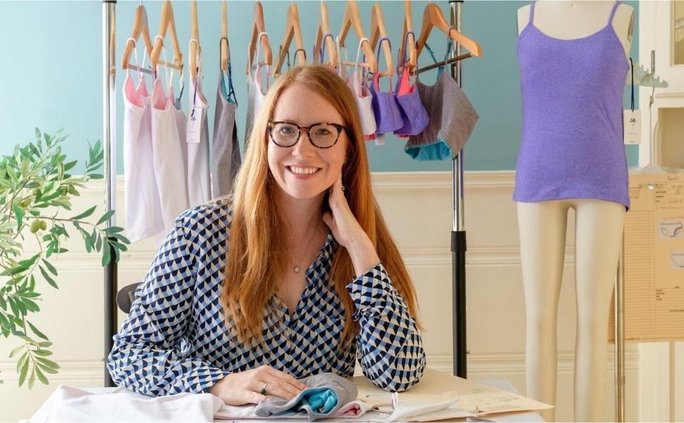 Bleuet CEO & Co-Founder Elizabeth Rietz sitting in her office designing Bleuet girls first bras and teen bras