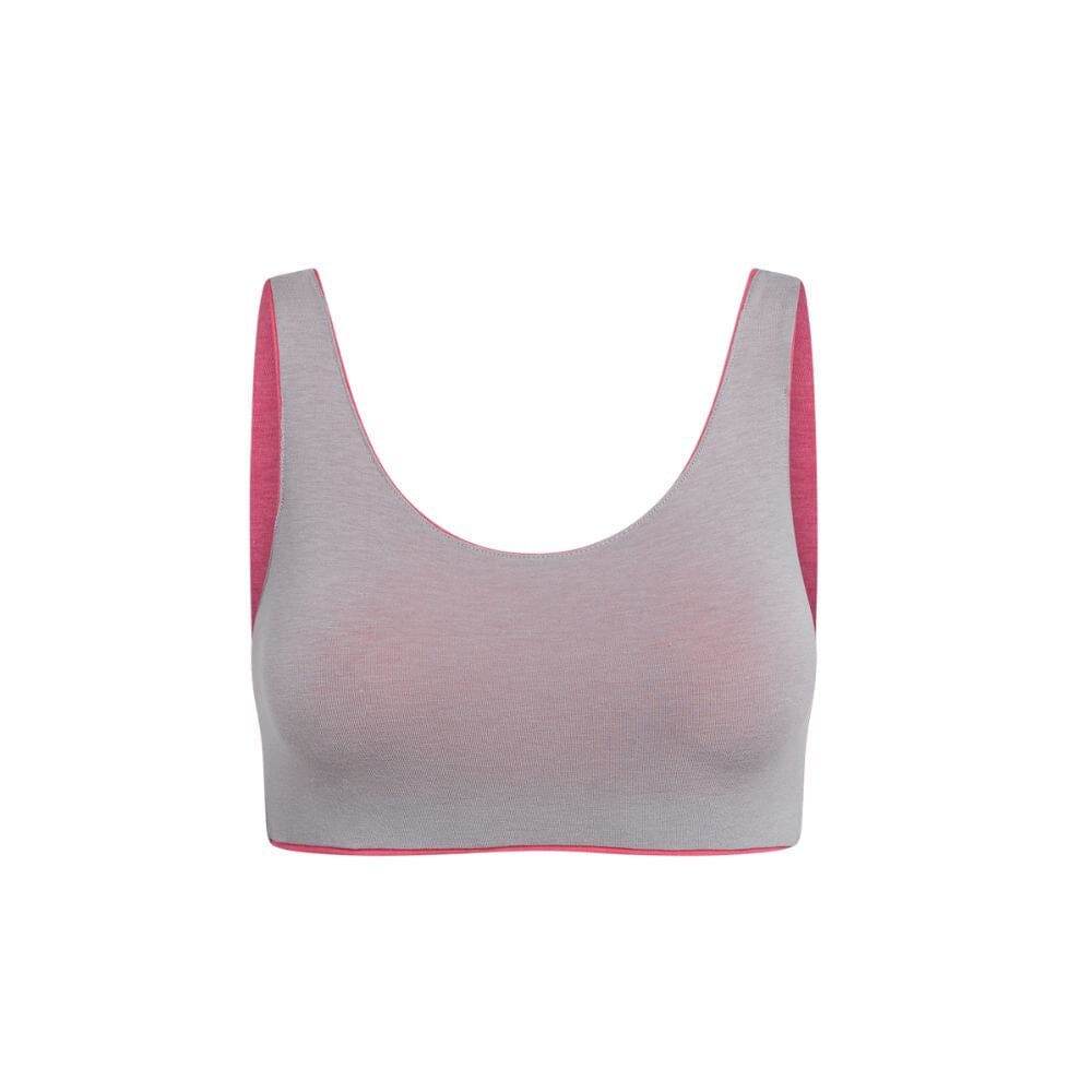 Flamingo-Slate#Front view of a gray aster organic tank bra with pink accents.