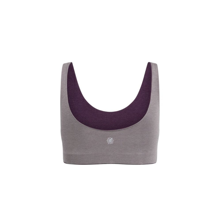 Back view of a gray aster organic tank bra with violet accents.