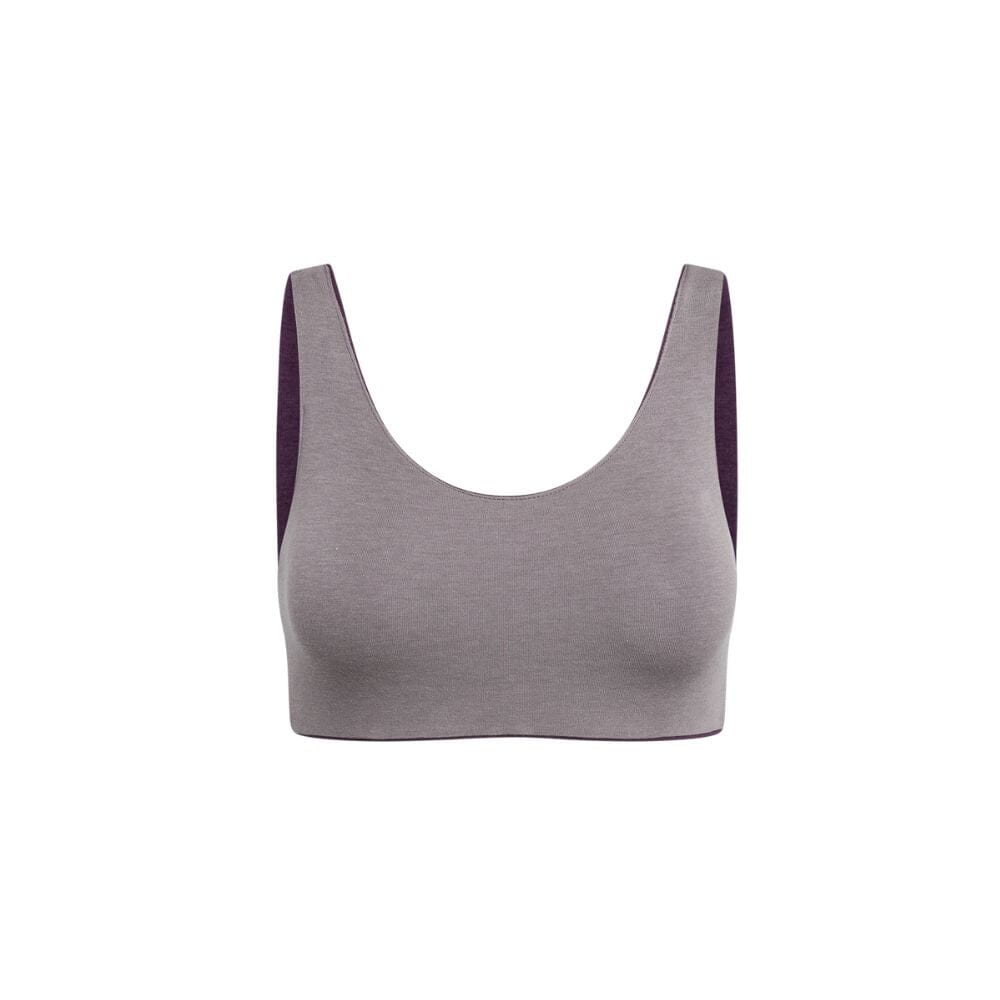 Plum-Mink#Front view of a mink aster organic tank bra with purple accents.