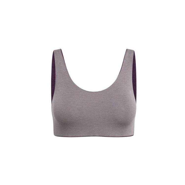 Front view of a mink aster organic tank bra with purple accents.