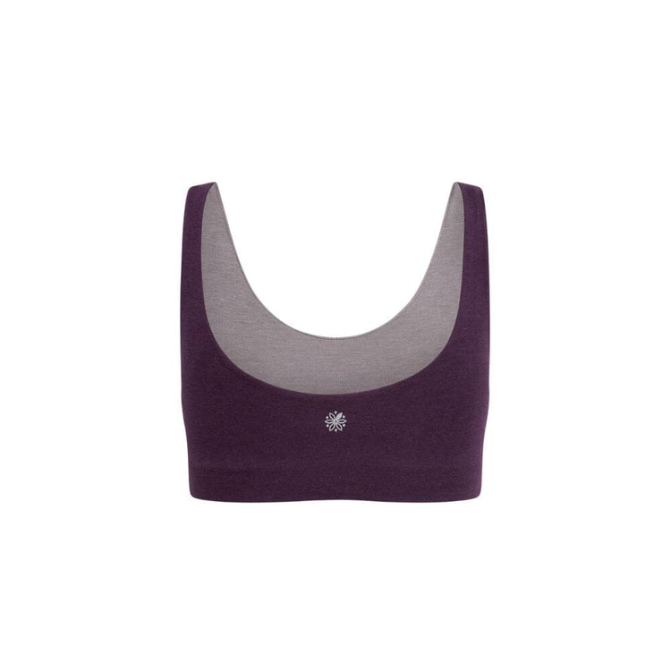 Back view of a purple aster organic tank bra with dark gray accents.