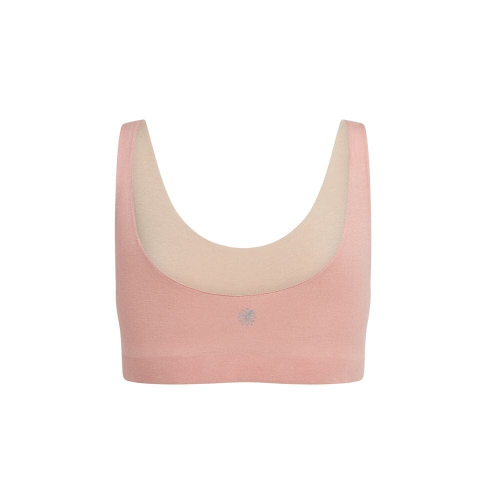 Sand-Rose#Back view of a rose aster organic tank bra with beige accents.