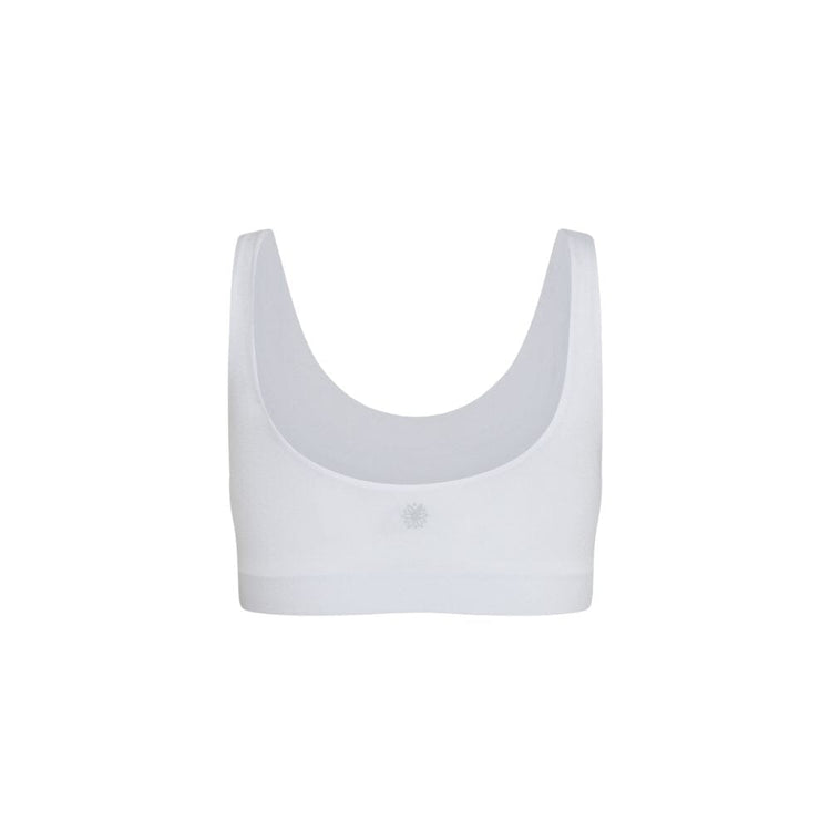 FBack view of a white aster organic tank bra.