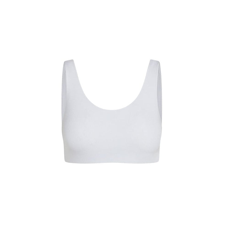 Front view of a white color aster organic tank bra.