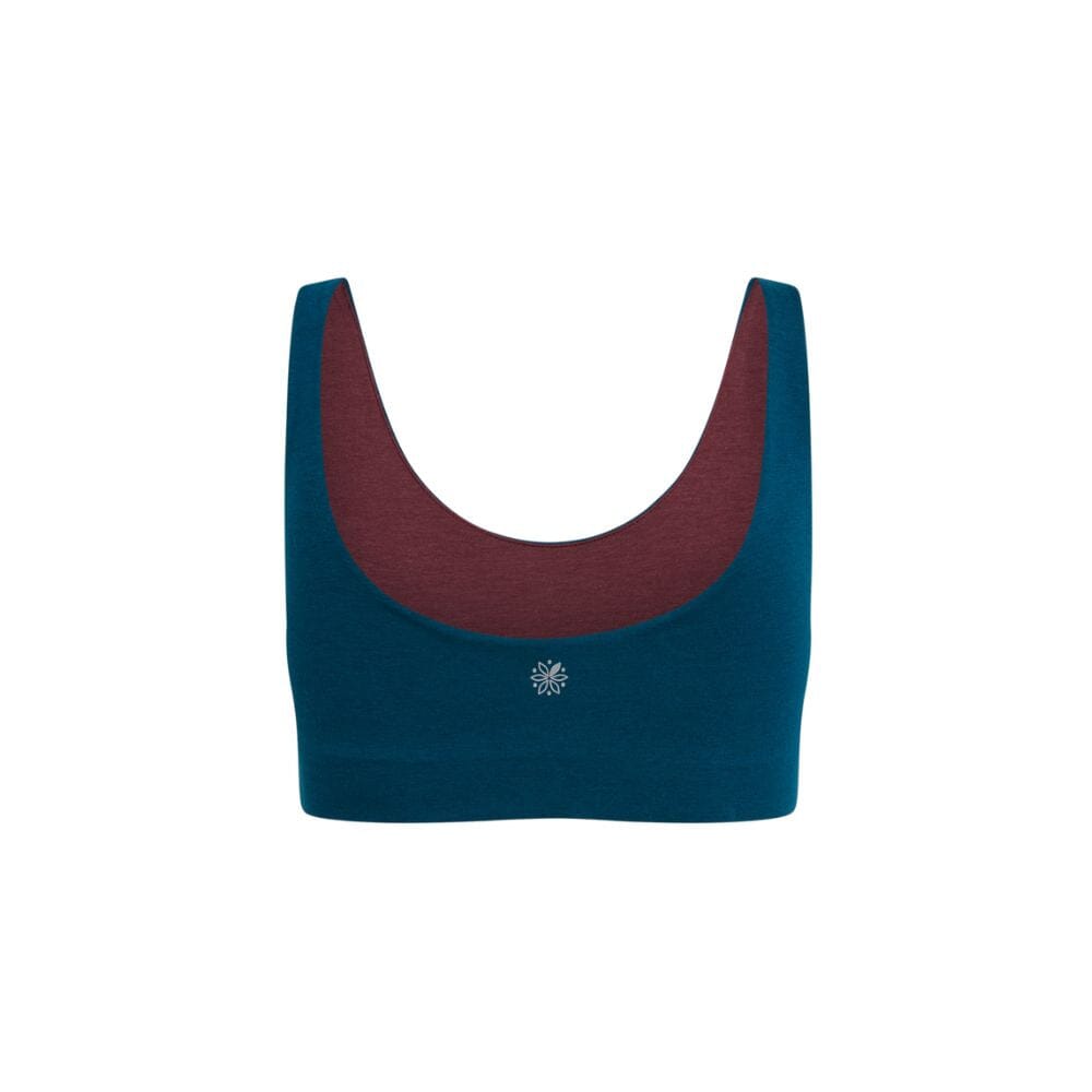 Teal-Maroon#A teal Aster Organic Tank Bra from Bleuet, back view.