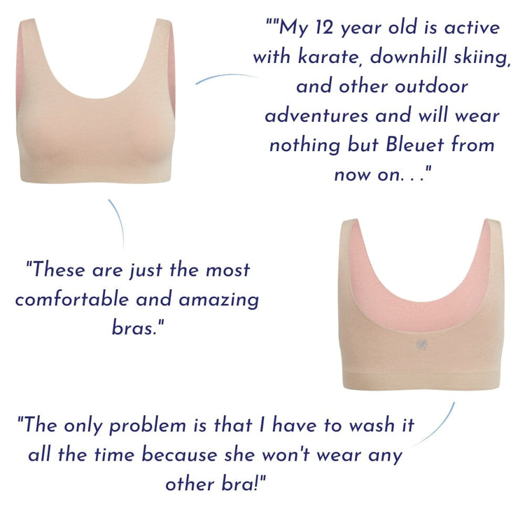 Side-by-side images of sand rose organic tank bra with customer reviews praising their comfort and fit.