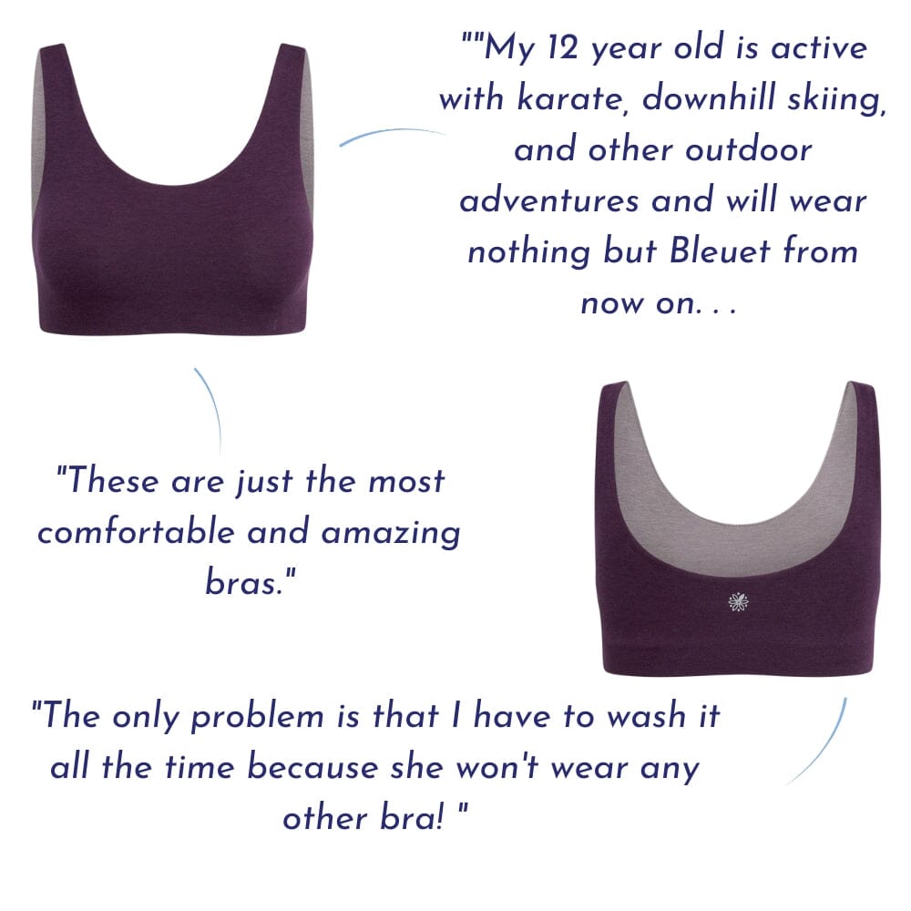 Plum-Mink#Text on a purple sports bra that says a 12-year-old finds the bra comfortable for karate, downhill skiing, and other outdoor activities.