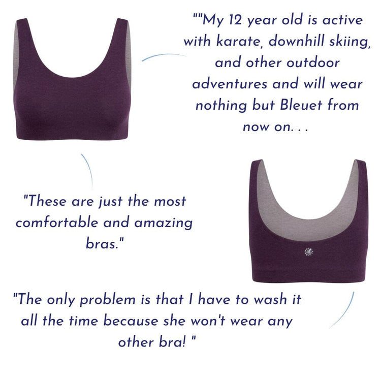 Text on a purple sports bra that says a 12-year-old finds the bra comfortable for karate, downhill skiing, and other outdoor activities.