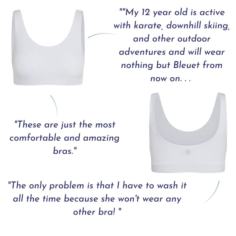 FSide-by-side images of white bras with a scoop neckline and seamless design. Surrounding the bras are customer reviews praising their comfort and fit, especially for active young girls. Testimonials highlight their suitability for activities like karate and skiing, noting they are the preferred choice and frequently worn.