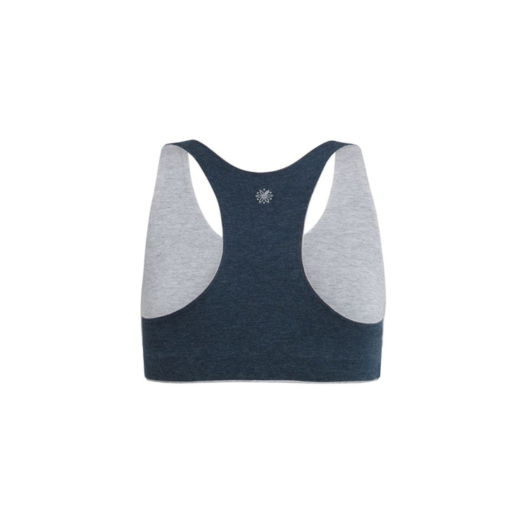 Organic Bras & Bralettes For Girls, Tweens and Teens - Back view of a dark blue racerback bra with gray accents.