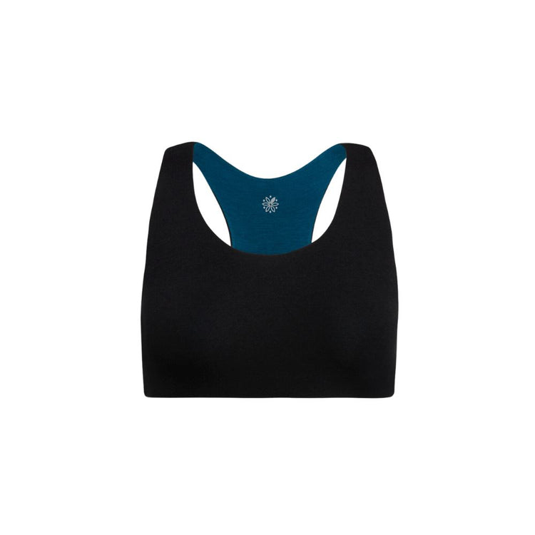 Front view of a black racerback bra with blue accents.