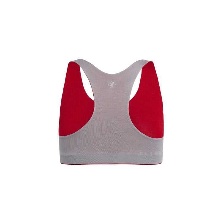 Back view of a gray racerback bra with red accents.