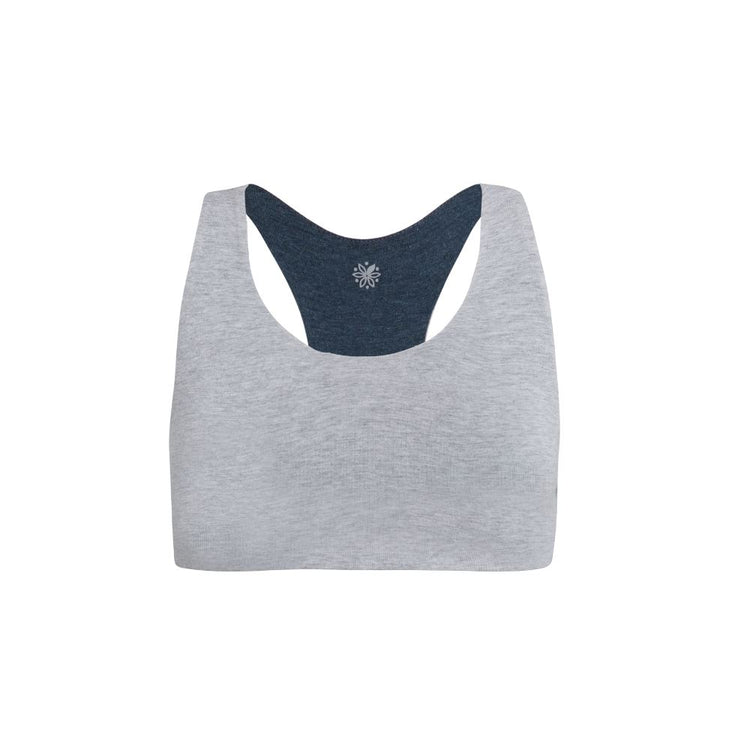 Organic Bras & Bralettes For Girls, Tweens and Teens - Front view of a gray racerback bra with dark blue accents.