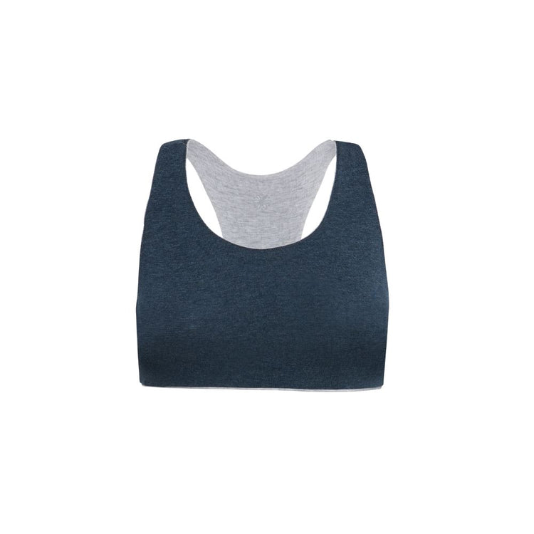 Front view of a dark blue racerback bra with gray accents.