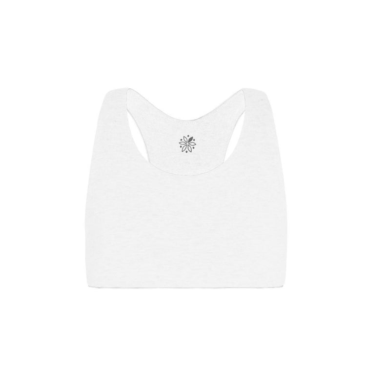 White Organic Bras & Bralettes For Girls, Tweens and Teens - Front view of a white racerback bra with a small gray emblem in the center.