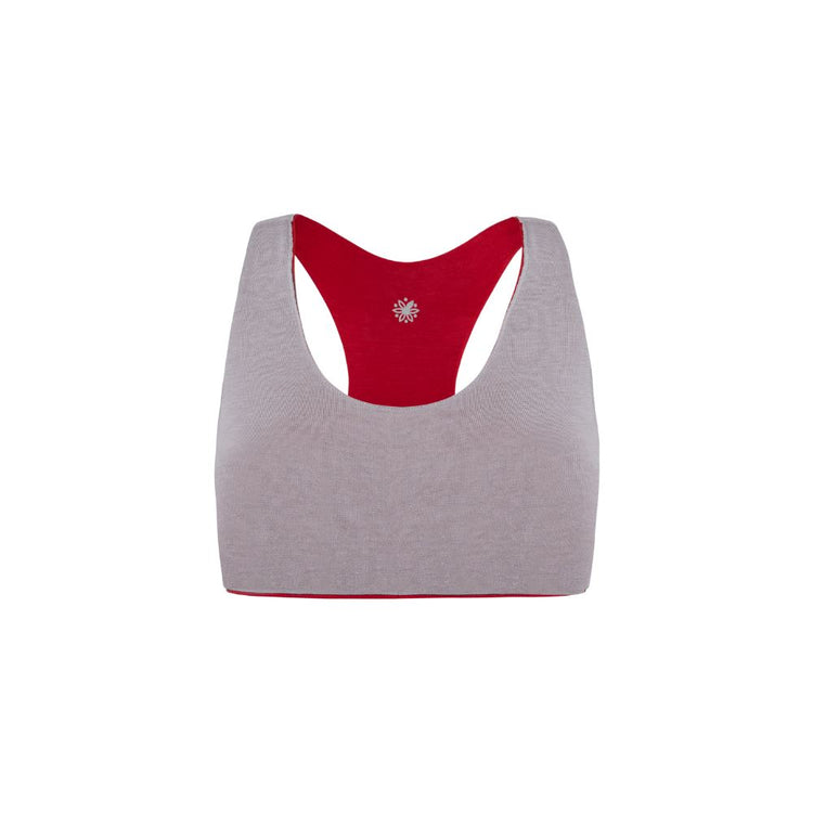 Front view of a gray side racerback bra with red accents.