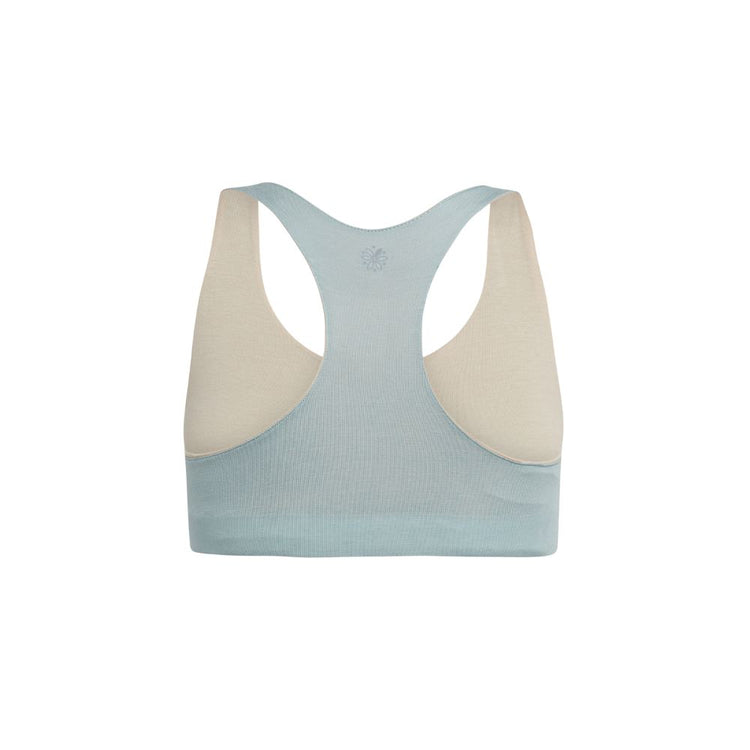 Organic Bras & Bralettes For Girls, Tweens and Teens - Back view of a light blue racerback bra with beige accents.