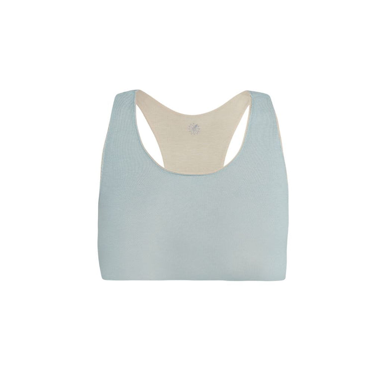 Organic Bras & Bralettes For Girls, Tweens and Teens - Front view of a light blue racerback bra with beige accents.