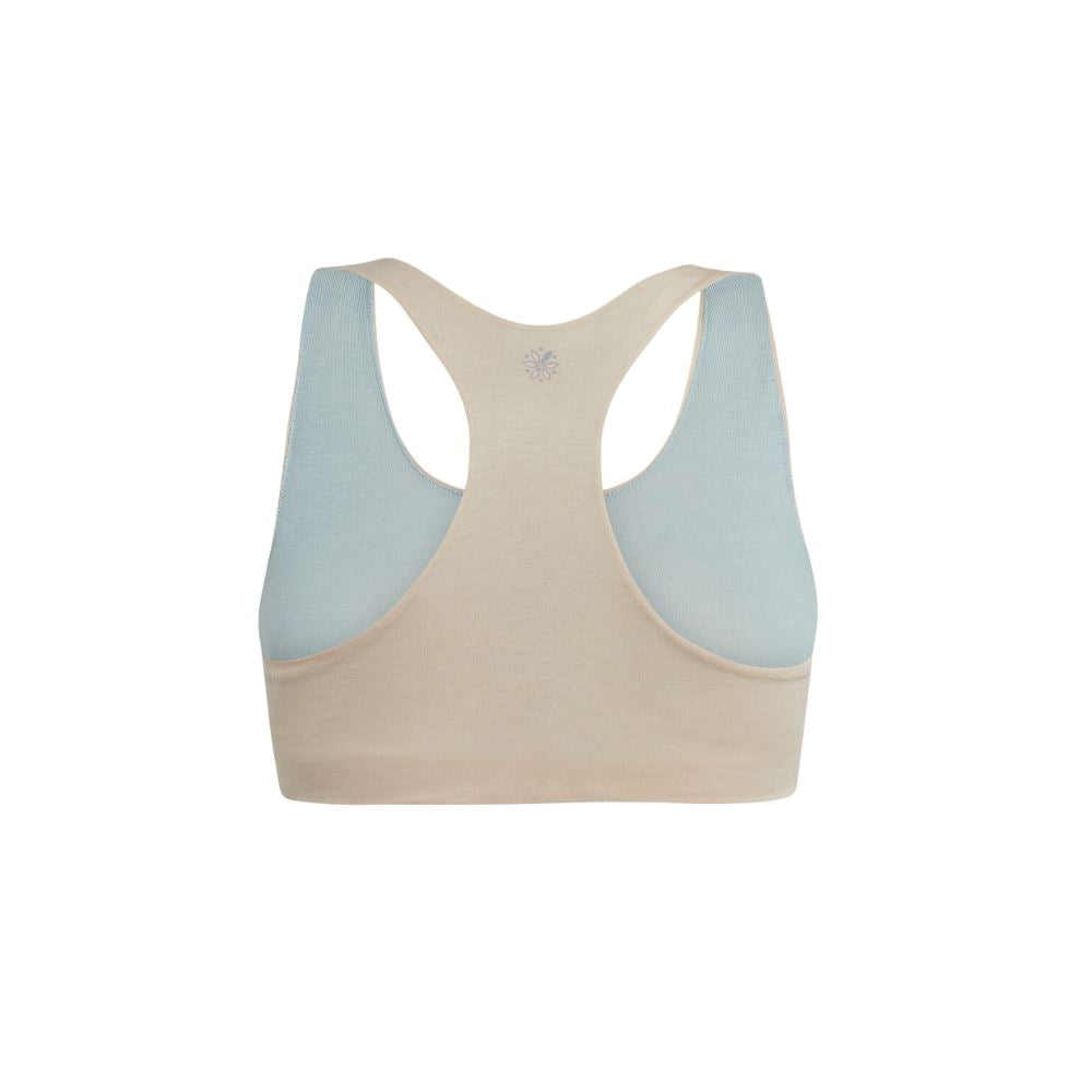 Sand-Mist#Organic Bras & Bralettes For Girls, Tweens and Teens - Back view of a beige racerback bra with light blue accents.