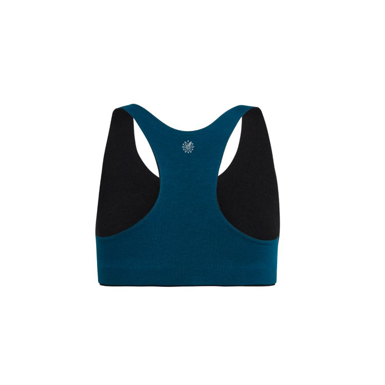 Back view of a blue racerback bra with a small white emblem in the center.