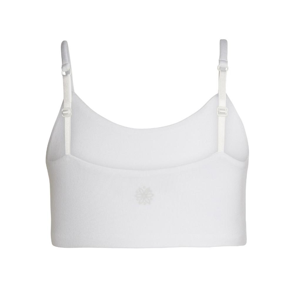 white#A white bra with adjustable straps, shown from the back.