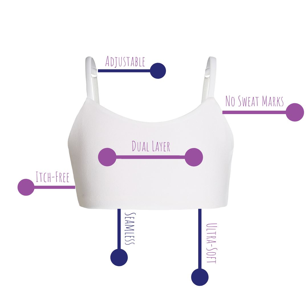 White#A white bra with text labels highlighting features such as adjustable straps, dual layer, and seamless design.