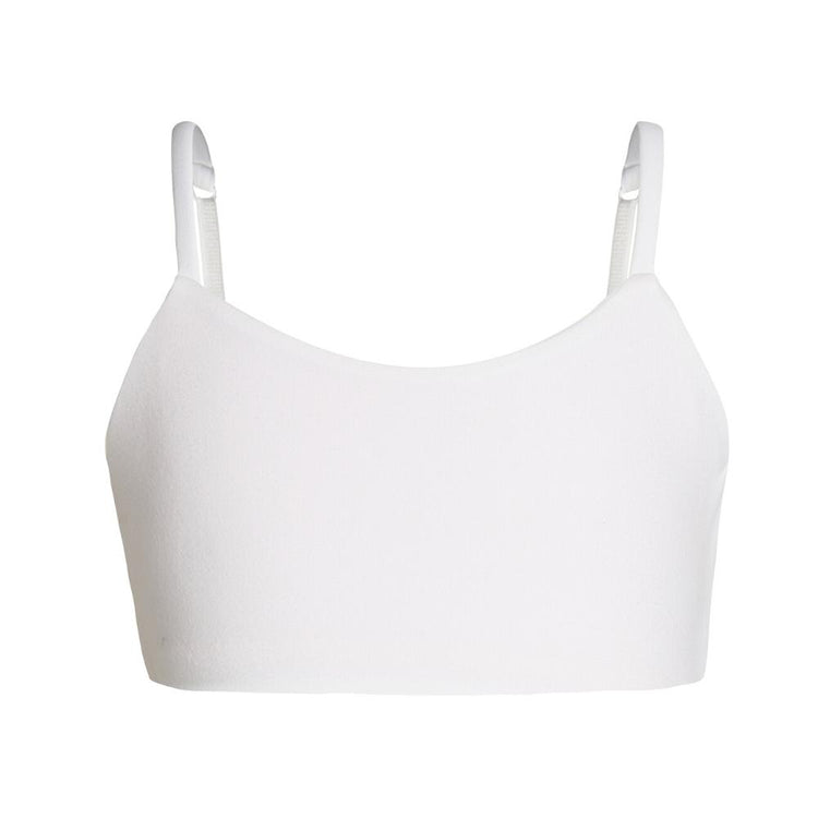 A white bra with adjustable straps, shown from the back.
