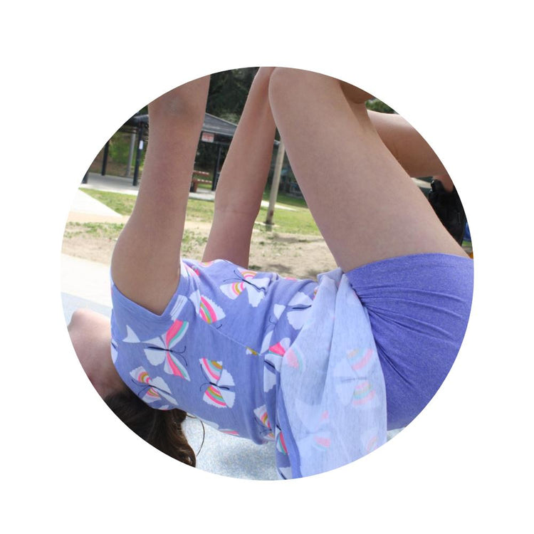 Girl wearing Bleumer tumble shorts