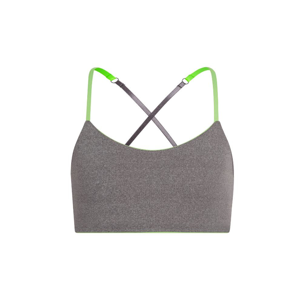 Lime-Silver#Front view of a gray Bleum Active Bra by Bleuet-girl, featuring green straps and a cross-back design. Lime-Silver#Sports Bras & Bralettes For Girls, Tweens and Teens