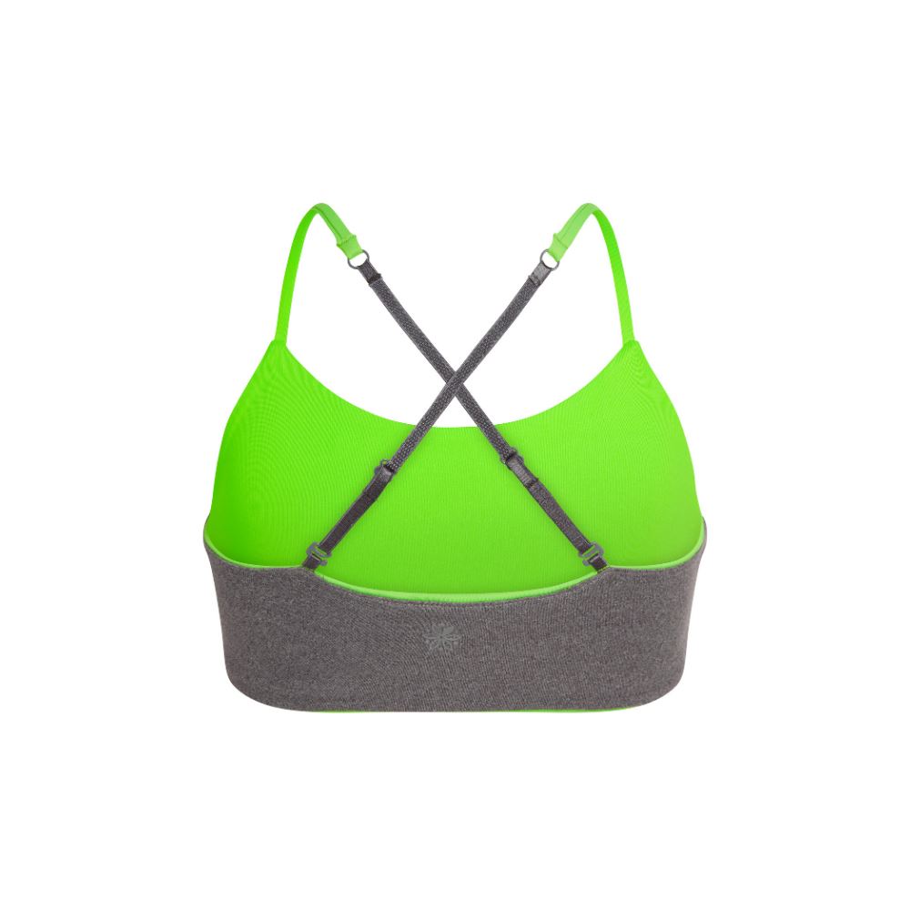 Lime-Silver#Back view of a lime green and silver Bleum Active Bra with crisscross straps, highlighting the athletic design. Lime-Silver#Sports Bras & Bralettes For Girls, Tweens and Teens