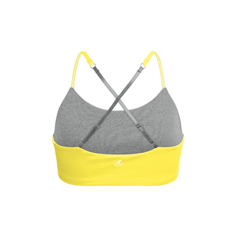 Yellow-Silver#Back view of a yellow and silver Bleum Active Bra with adjustable crisscross straps and a supportive fit. Yellow-Silver#Sports Bras & Bralettes For Girls, Tweens and Teens