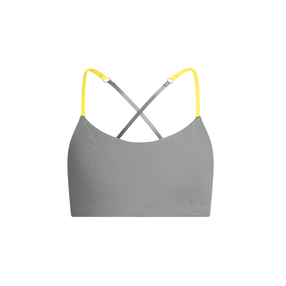 Yellow-Silver#Front view of a silver-colored Bleum Active Bra with thin straps and a seamless, comfortable design. Yellow-Silver#Sports Bras & Bralettes For Girls, Tweens and Teens