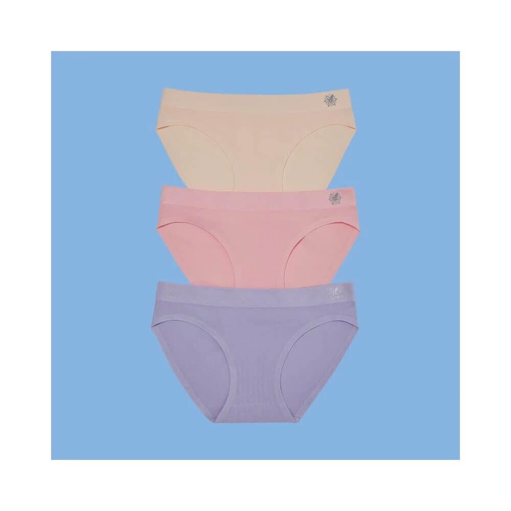 Three pairs of seamless panties, stacked vertically against a light blue background.