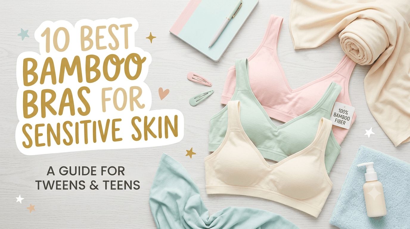 Flat lay of three pastel-colored bamboo bras in pink, mint green, and cream on a light wooden background with a notebook, hair clips, a soft towel, and a cream bottle.