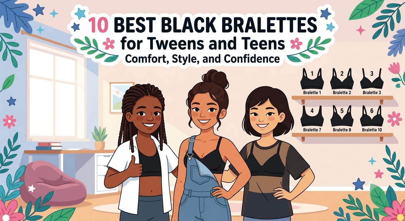 An illustration of three teenage girls styling black bralettes under casual clothes, next to wall shelves displaying six different black bralette silhouettes, under the text "10 Best Black Bralettes for Tweens and Teens".
