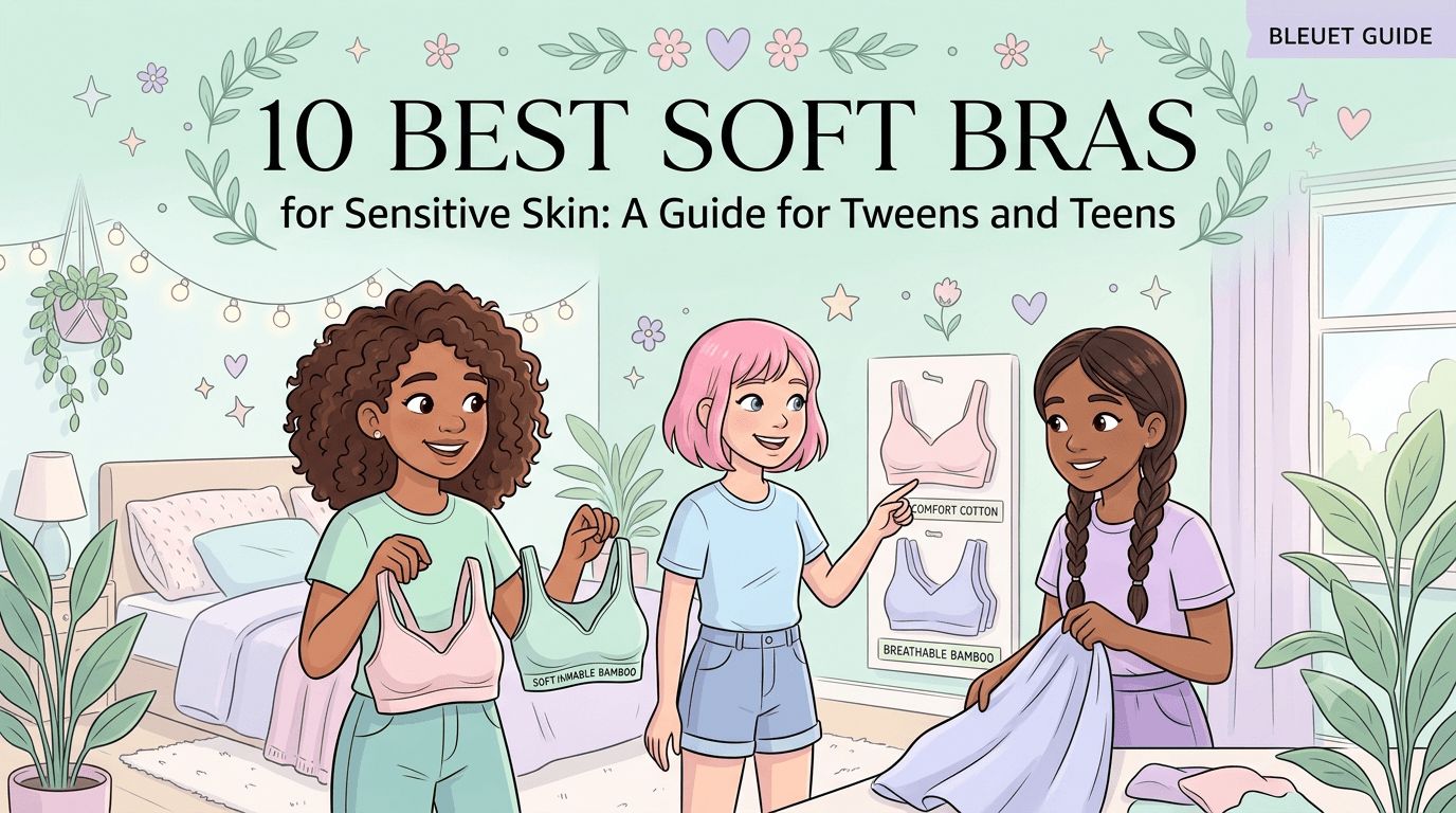An illustration of three smiling teenage girls in a bedroom talking about bras, with posters on the wall showcasing cotton and bamboo wire-free bra designs.
